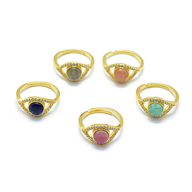 Adjustable Natural Gemstone Finger Rings, with Brass Cubic Zirconia Findings