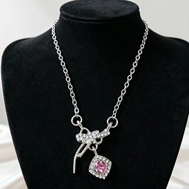 Alloy Rhinestone Bowknot Rhombus Pendant Necklaces for Women, Platinum