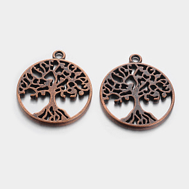 Tibetan Style Alloy Pendants, Flat Round with Tree Pattern, Cadmium Free & Lead Free, 29x25x1.5mm, Hole: 2mm