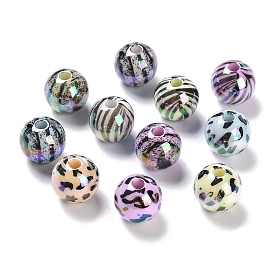 UV Plating Rainbow Iridescent Opaque Acrylic Beads, Printed Round Beads, Mixed Color