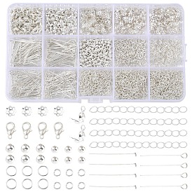 Наборы фурнитуры: застежки-карабины из сплава, наконечники для железных бусин, штифты с ушком, колпачки для бусин, разделительные бусины и открытые соединительные кольца.