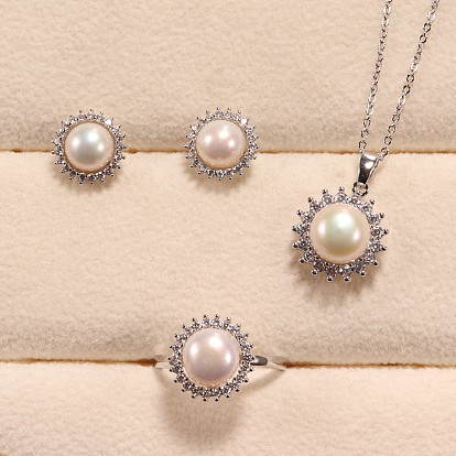 Ожерелье с подвеской из цветочной латуни с микропаве из прозрачных кубических цирконий и натуральным пресноводным жемчугом, серьги-гвоздики и кольцо на палец, с 925 стерлинговым серебром