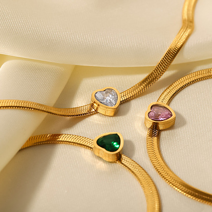 Fashion Versatile 18K Gold Plated Stainless Steel Inlaid Green/White/Pink Heart Zircon Snake Chain Bracelet for Women