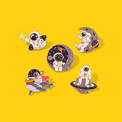 Space-themed Metal Pin Set with Whale, Moon, Book and Planet Designs