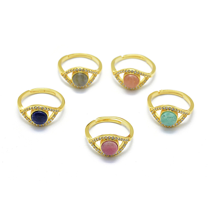 Adjustable Natural Gemstone Finger Rings, with Brass Cubic Zirconia Findings