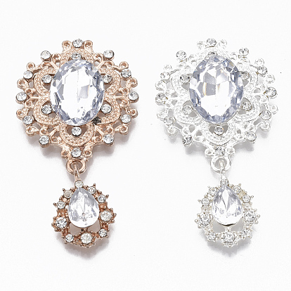 Alloy Cabochons, with Acrylic Rhinestone and Crystal Rhinestone, Faceted, Flower and Teardrop