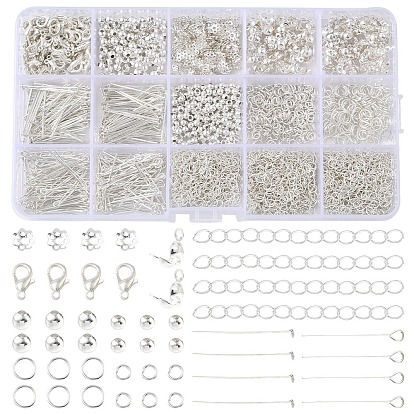 Наборы фурнитуры: застежки-карабины из сплава, наконечники для железных бусин, штифты с ушком, колпачки для бусин, разделительные бусины и открытые соединительные кольца.