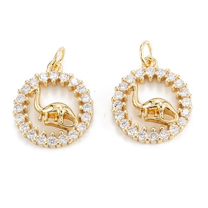 Brass Micro Pave Clear Cubic Zirconia Pendants, Long-Lasting Plated, Flat Round with Dinosaur