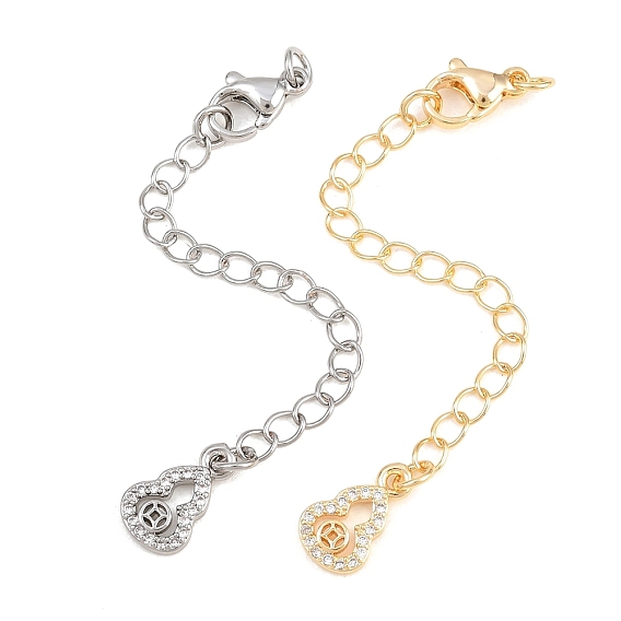 Brass Curb Chain Extender, End Chains with Lobster Claw Clasps and Cubic Zirconia Charms, Gourd