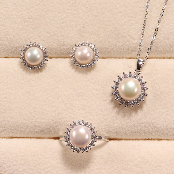 Ожерелье с подвеской из цветочной латуни с микропаве из прозрачных кубических цирконий и натуральным пресноводным жемчугом, серьги-гвоздики и кольцо на палец, с 925 стерлинговым серебром