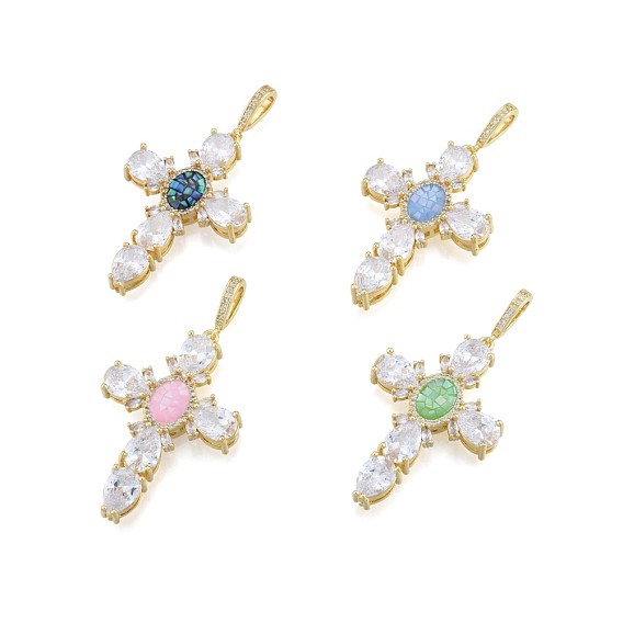 Brass Micro Pave Clear Cubic Zirconia Pendants, with Abalone Shell/Paua Shell, Nickel Free, Real 18K Gold Plated, Cross