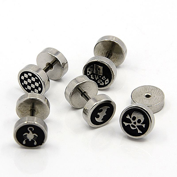 Style punk rock 304 manomètres à vis en acier inoxydable, bouchons de lobe d'oreille, avec l'émail, 12mm, pin: 1 mm