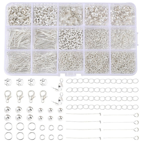 Наборы фурнитуры: застежки-карабины из сплава, наконечники для железных бусин, штифты с ушком, колпачки для бусин, разделительные бусины и открытые соединительные кольца.