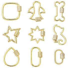 9 шт. 9 стили латунные микропаве прозрачные кубические цирконии с винтовым карабином и замком, без кадмия, без никеля и без свинца, реальный 18 k позолоченный