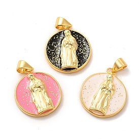 Eco-Friendly Rack Plating Brass Enamel Pendants, with Sequins, Long-Lasting Plated, Lead Free & Cadmium Free, Flat Round with Virgin Mary Charm, Real 18K Gold Plated
