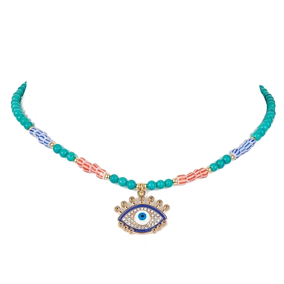 Horse Eye Alloy Enamel Pendant Necklace, Dyed Natural Howlite & Glass Seed Round Beaded Necklace for Women