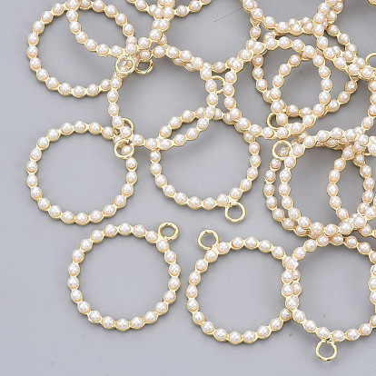 ABS Plastic Imitation Pearl Pendants, with Real 18K Gold Plated Brass Pendant Settings, Nickel Free, Ring