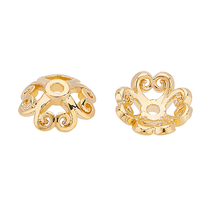Brass Bead Caps, Flower, 4-Petal, Hollow, Real 18K Gold Plated