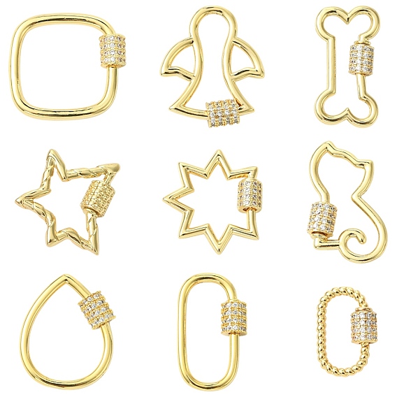 9 шт. 9 стили латунные микропаве прозрачные кубические цирконии с винтовым карабином и замком, без кадмия, без никеля и без свинца, реальный 18 k позолоченный