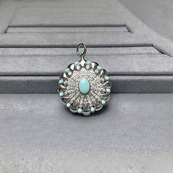 925 Кулон-медальон из стерлингового серебра с инкрустацией синтетической бирюзой, окрашенной в технике паве., полые цветок прелести, серебряный цвет гальваническим