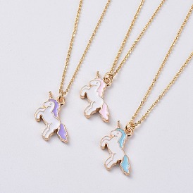 Unicorn Alloy Enamel Pendant Necklaces, with Brass Cable Chains, Lobster Claw Clasps and Cardboard Box