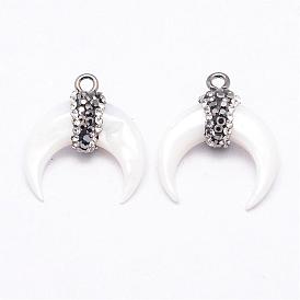 Natural White Shell Mother of Pearl Shell Pendants, with Rhinestone and Brass Finding, Double Horn/Crescent Moon