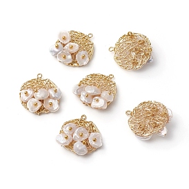 Electroplated Pearl Pendants, Filigree, with Brass Findings, Flat Round