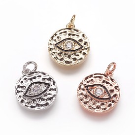 Забитые латунные подвески, с кубического циркония и эмали, плоские круглые с глаз