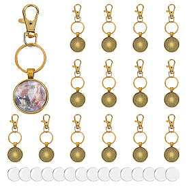 Плоские круглые брелки из сплава, с поворотными карабинами из сплава, железными кольцами и стеклянными кабошонами
