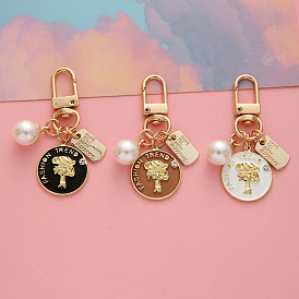 Chic Metal Round Pendant with Pearl Keychain for Bags and Earphones