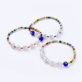 Stretch Bracelets, with Glass Seed Beads, Evil Eye Lampwork Beads and Plastic Imitation Pearl Beads