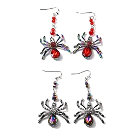 Alloy Plastic Dangle Earrings, with Rhinestone Findings, Spider