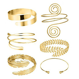 Geometric Metal Arm Cuff Set with Bold Leaf Bangle - 6 Piece Statement Jewelry Collection