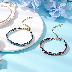 2Pcs Handmade Glass Seed Beaded Bracelets for Women, with Real 18K Gold Plated 304 Stainless Steel Tiny Cross Charms