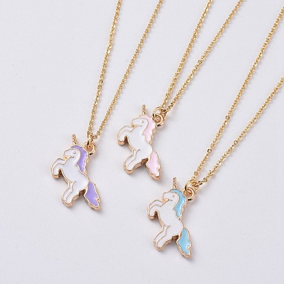 Unicorn Alloy Enamel Pendant Necklaces, with Brass Cable Chains, Lobster Claw Clasps and Cardboard Box