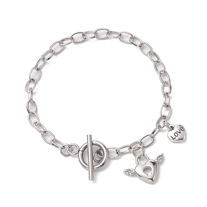 Brass Love Heart Charm Bracelet with Iron Oval Link Chains