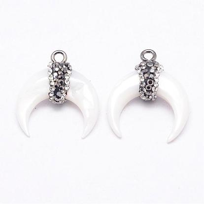 Natural White Shell Mother of Pearl Shell Pendants, with Rhinestone and Brass Finding, Double Horn/Crescent Moon