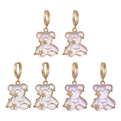 3 Pair 3 Color Resin Bear with Crystal Rhinestone Star Dangle Hoop Earrings, Real 14K Gold Plated Brass Jewelry for Women
