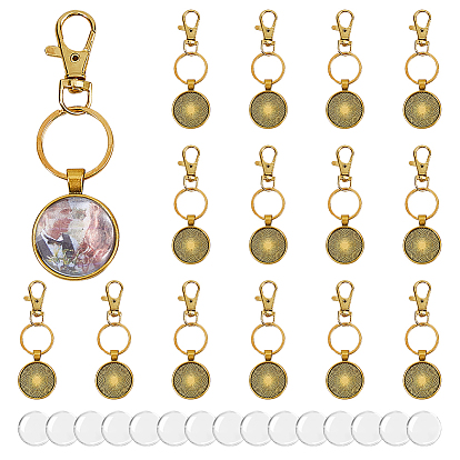 Плоские круглые брелки из сплава, с поворотными карабинами из сплава, железными кольцами и стеклянными кабошонами