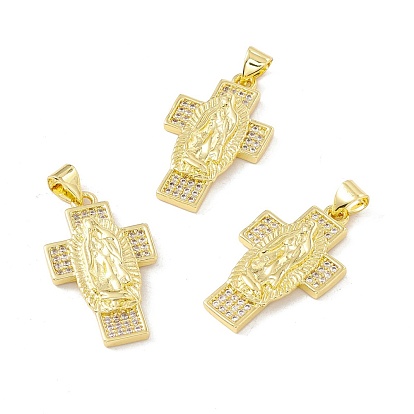 Rack Plating Brass Micro Pave Clear Cubic Zirconia Pendants, Long-Lasting Plated, Cadmium Free & Lead Free, Cross with Goddess