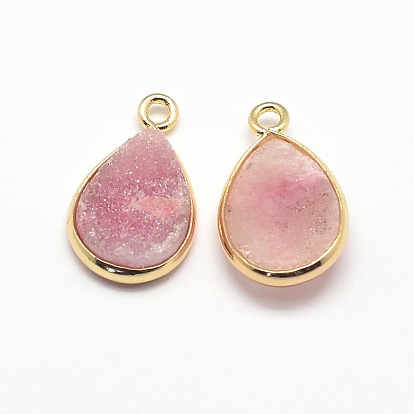 Electroplate Natural Druzy Crystal Charms, with Golden Tone Brass Findings, Drop, Dyed, 18x12x3~5mm, Hole: 2mm