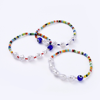 Stretch Bracelets, with Glass Seed Beads, Evil Eye Lampwork Beads and Plastic Imitation Pearl Beads