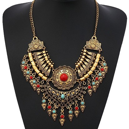 Этнический стиль цинковый сплав паве синтетическая бирюза каплевидные массивные ожерелья нагрудник для женщин