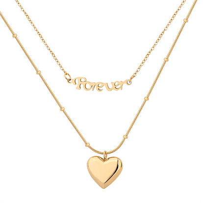 Stainless Steel Double Layer Necklaces, Forever Heart Pendant Necklace