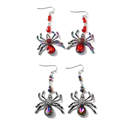 Alloy Plastic Dangle Earrings, with Rhinestone Findings, Spider