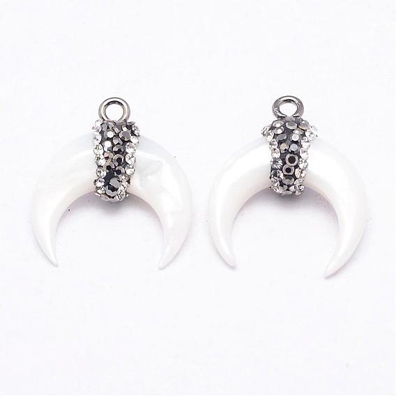 Natural White Shell Mother of Pearl Shell Pendants, with Rhinestone and Brass Finding, Double Horn/Crescent Moon