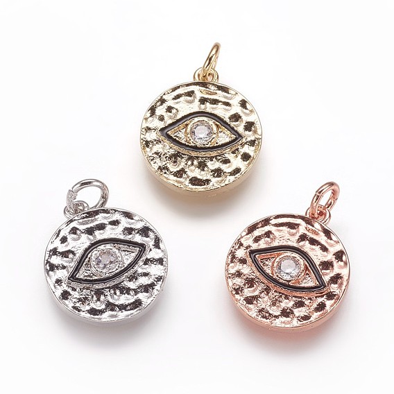 Забитые латунные подвески, с кубического циркония и эмали, плоские круглые с глаз