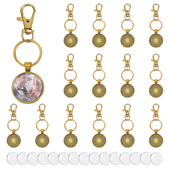 Плоские круглые брелки из сплава, с поворотными карабинами из сплава, железными кольцами и стеклянными кабошонами