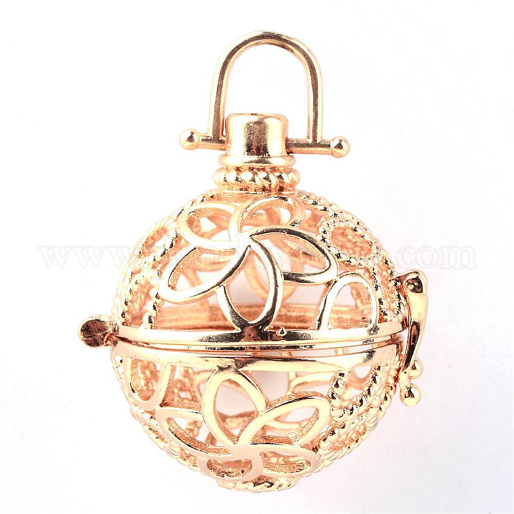 Brass Hollow Drop with Flower Cage Pendants For Chime Ball Pendant Necklaces  