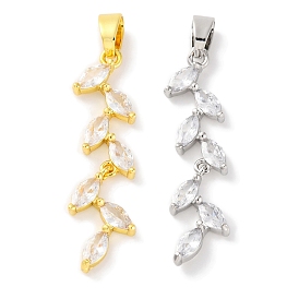 Rack Plating Brass Micro Pave Cubic Zirconia Pendants, Long-Lasting Plated, Cadmium Free & Lead Free, Leaf Charms